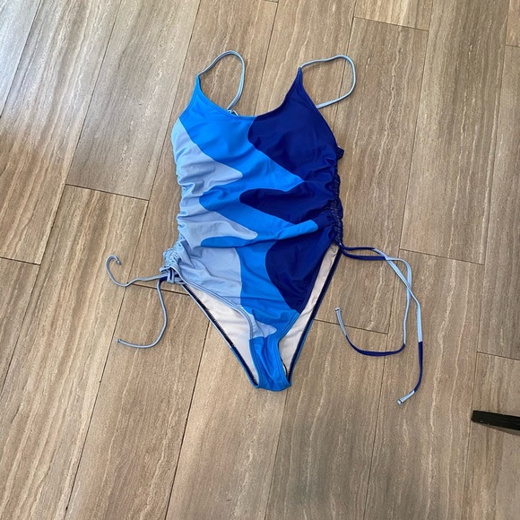 Shein Color Block Size S  Blue one piece swimsuit NWOT Drawstring Side Boho - Picture 1 of 5